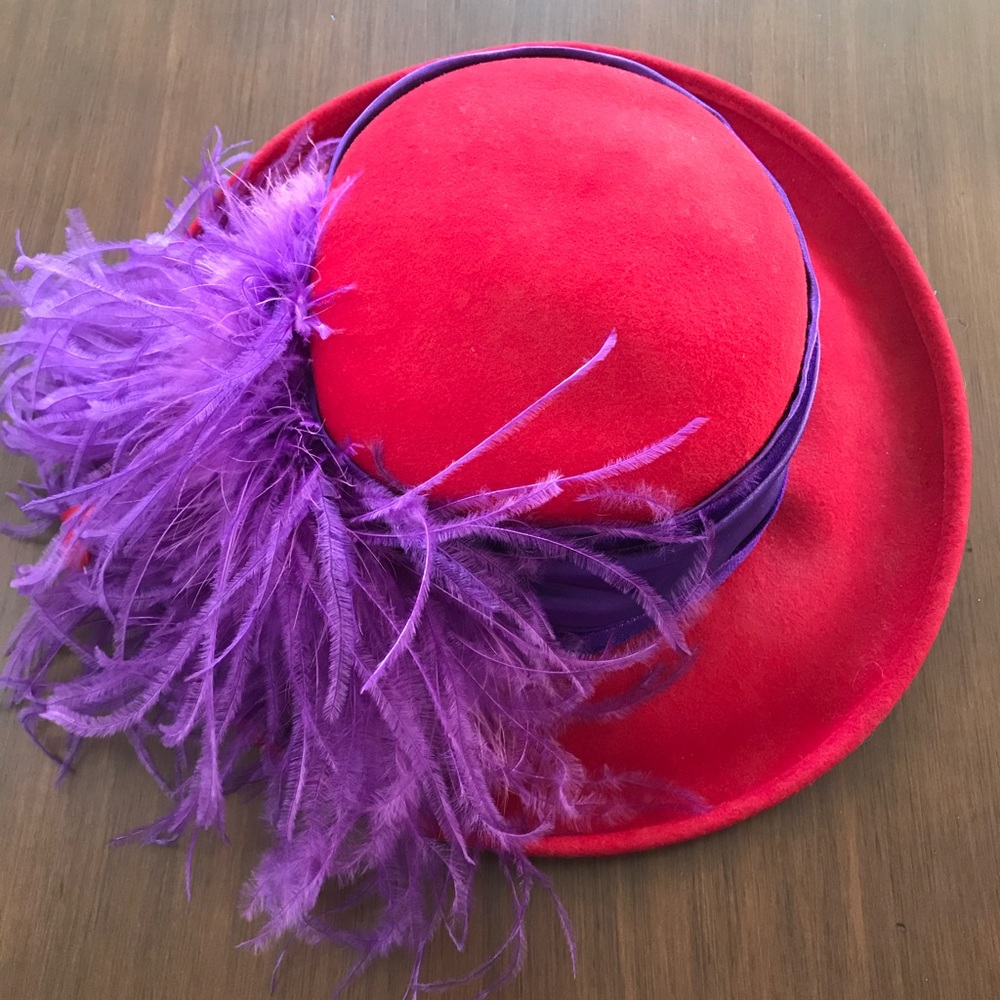 Fancy Red Hat with Purple Feathers